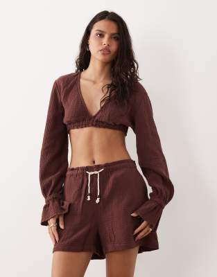 Short d'ensemble à enfiler en gaze avec cordon à nouer - Prune-Violet M