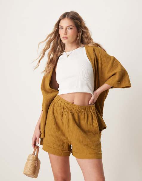 ASOS DESIGN - Short d'ensemble à enfiler en gaze de coton avec bords effilochés - Olive - view 1