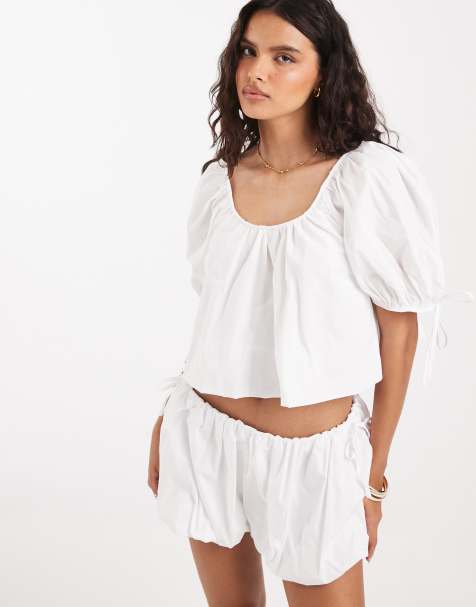 ASOS DESIGN - Short d'ensemble bouffant en popeline à liens noués sur les côtés - Blanc - view 1