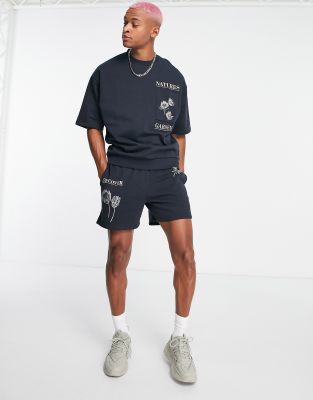 ASOS DESIGN - Short d'ensemble décontracté à broderies fleuries - Anthracite