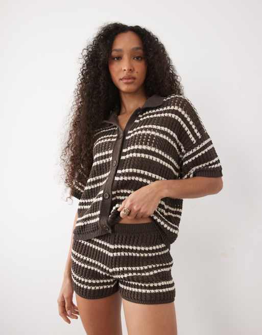 ASOS DESIGN - Short d'ensemble en maille crochetée à rayures - Marron, 2 de 5