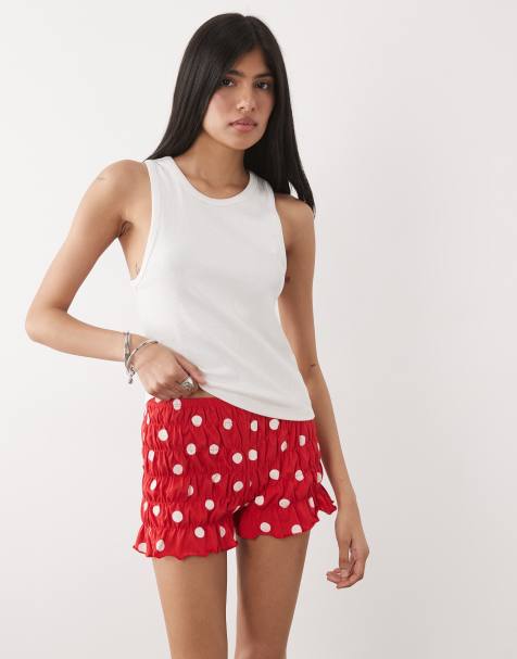 ASOS DESIGN - Short d'ensemble froncé style bloomer - Rouge et écru à pois - view 1