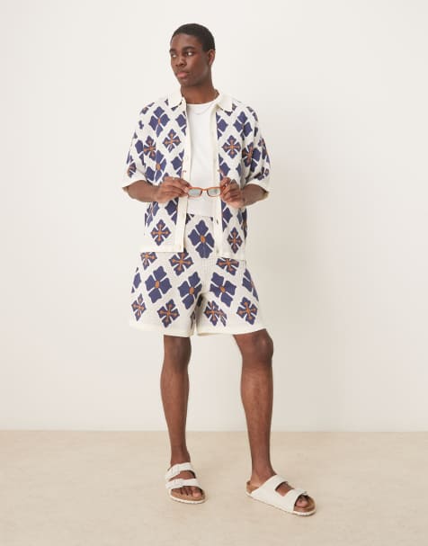 ASOS DESIGN - Short d'ensemble oversize en maille avec motif aztèque - Bleu - view 1