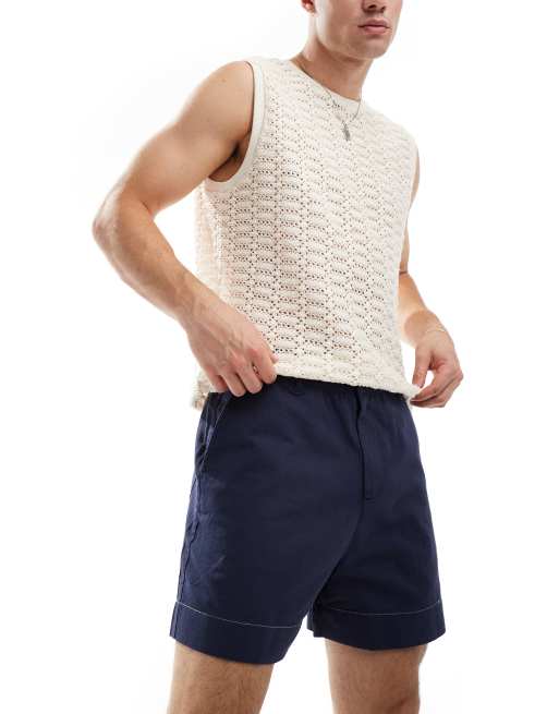 ASOS DESIGN - Short en aspect lin à bords contrastants - Bleu marine