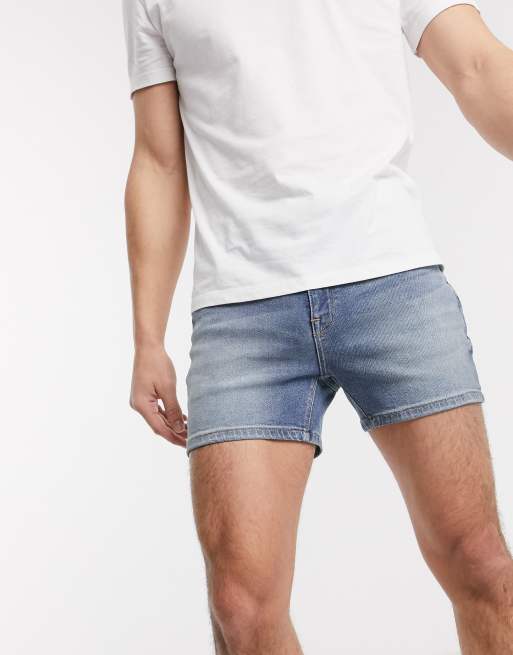 ASOS DESIGN - Short en jean ajusté - Bleu délavé moyen