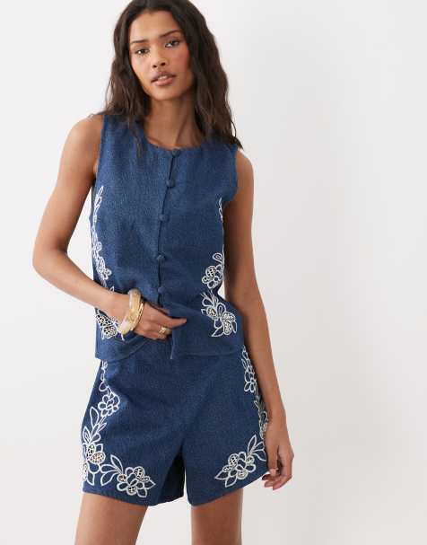 ASOS DESIGN - Short en jean avec détails ajourés - Bleu moyen - view 1