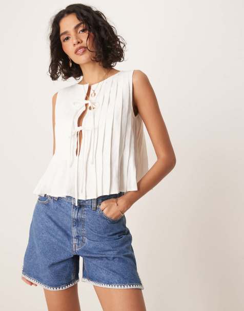 ASOS DESIGN - Short en jean coupe dad avec bordures à motif fleuri style tapisserie - Blanc - view 1
