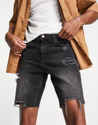 Shorts en jean Short en jean coupe slim avec larges déchirures et ourlets bruts - Noir délavé