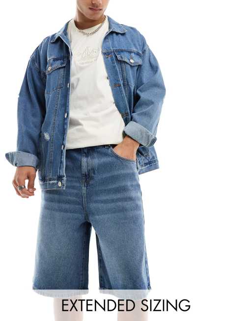 ASOS DESIGN - Short en jean long - Bleu moyen délavé vintage