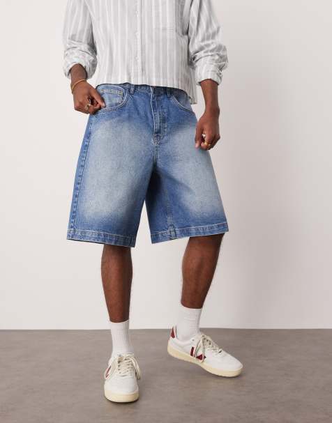 ASOS DESIGN - Short en jean long effet vieilli - Bleu moyen délavé - view 1