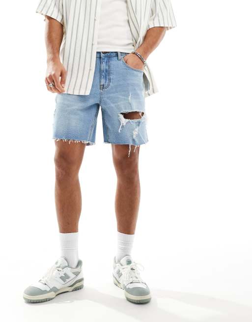 ASOS DESIGN - Short en jean mi-long coupe slim à déchirures - Bleu clair délavé, 4 de 5