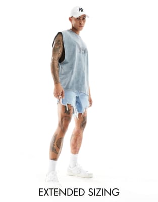 ASOS DESIGN mid length slim denim shorts with heavy ripped hem in light wash blue - ASOS Price Checker