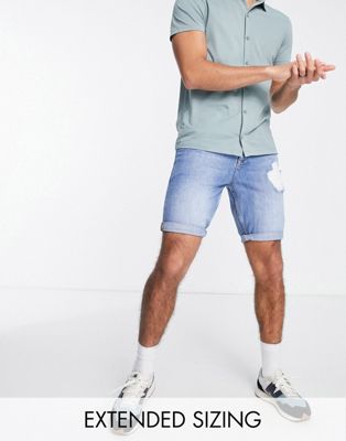 Homme Short en jean slim avec déchirures - Bleu foncé délavé