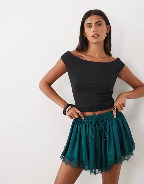 ASOS DESIGN short en satin à bordure en dentelle vert foncé - view 1