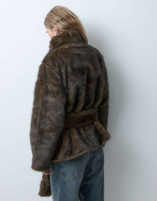 ASOS DESIGN short faux fur funnel neck coat in mid brown, 4 of 5