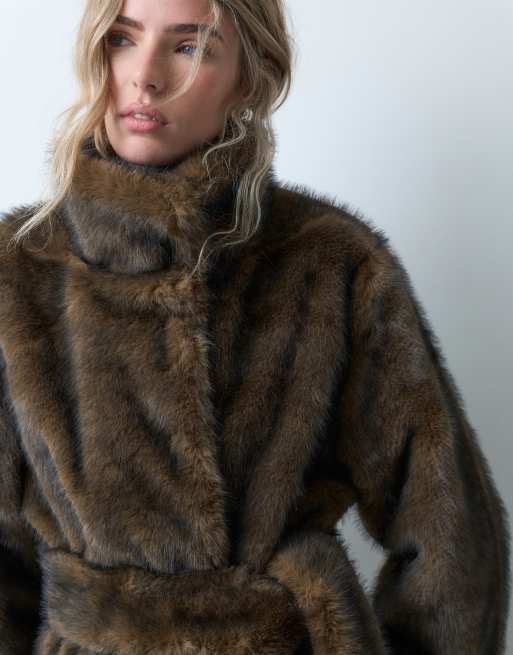 ASOS DESIGN short faux fur funnel neck coat in mid brown, 5 of 5