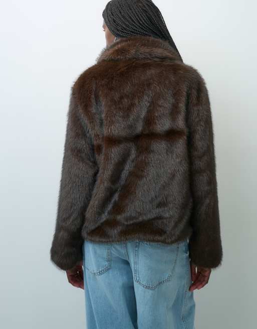 ASOS DESIGN short faux fur jacket with frog closure trims in brown, 4 of 4