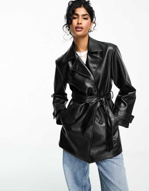 Short leather store trench coat