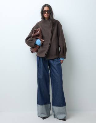 Asos Design Short Formal Waterfall Coat With Wool In Brown