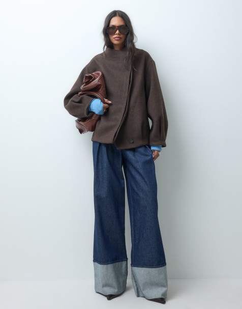 ASOS DESIGN short formal waterfall coat with wool in brown - view 1