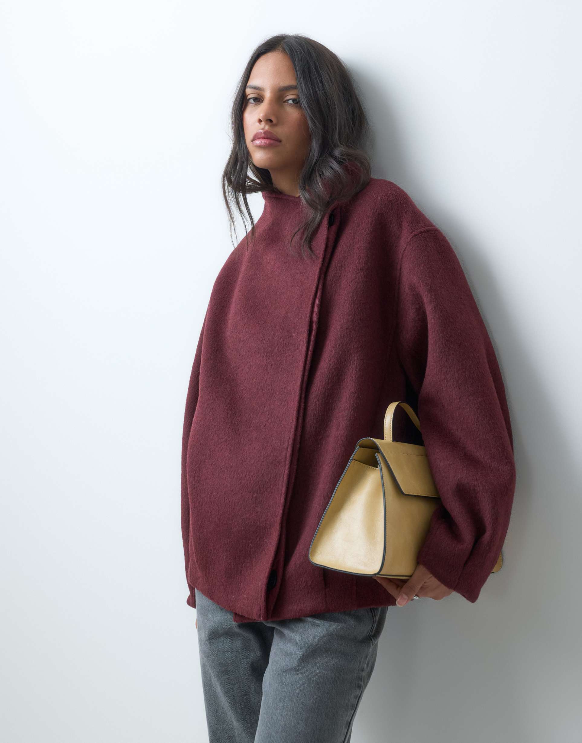 ASOS DESIGN short formal waterfall coat with wool in burgundy