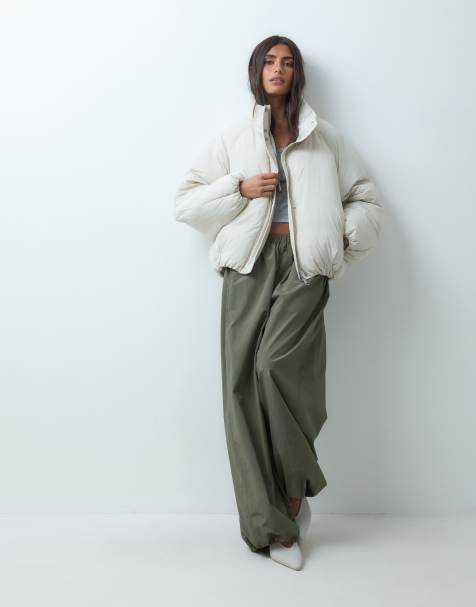 ASOS DESIGN short funnel neck padded jacket in cream - view 1