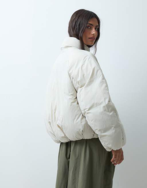 ASOS DESIGN short funnel neck padded jacket in cream, 2 of 4