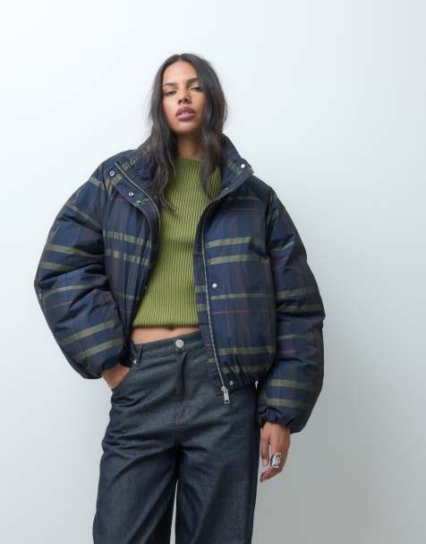 ASOS DESIGN short funnel neck padded jacket in dark check - view 1