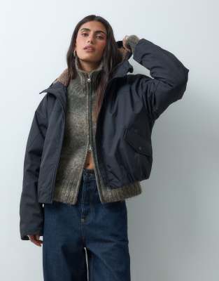 Asos Design Short Hooded Rain Coat With Borg Liner In Black