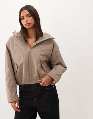 Asos Design Short Hooded Rain Coat With Borg Liner In Neutral