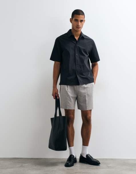 ASOS DESIGN - Short large ajusté à pinces aspect lin texturé - Gris - view 1