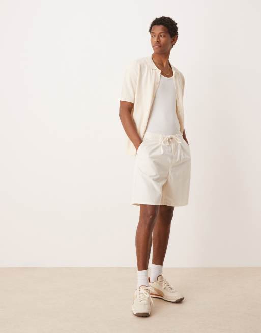 ASOS DESIGN - Short large mi-long en lin avec pinces et cordon de serrage - Blanc