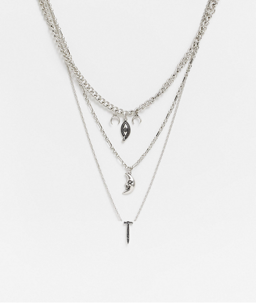 ASOS DESIGN short layered neckchain pack with mystic pendants in burnished silver tone