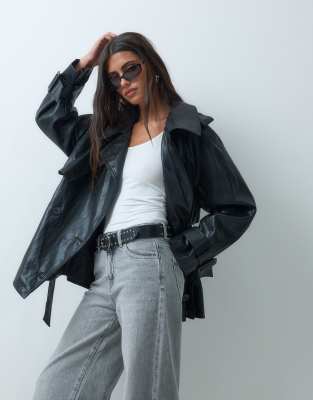 Asos Design Short Leather Look Trench Coat In Black