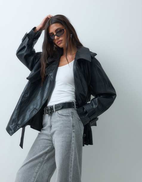 ASOS DESIGN short leather look trench coat in black - view 1