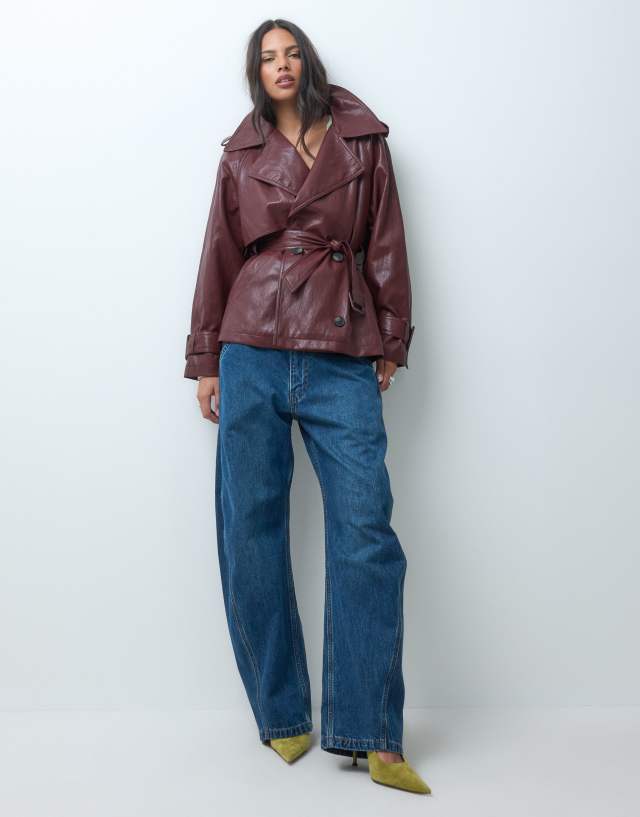 ASOS DESIGN short leather look trench coat in cherry red | ASOS