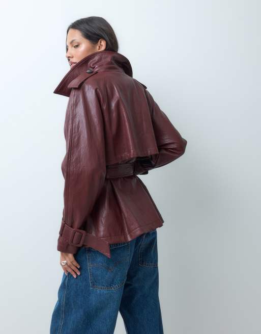 ASOS DESIGN short leather look trench coat in cherry red, 4 of 4