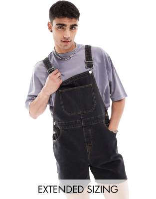 short length denim overalls in black