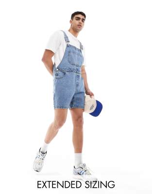 short length denim overalls in mid wash blue