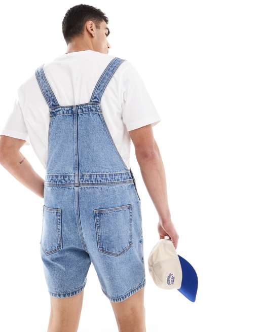 ASOS DESIGN short length denim overalls in mid wash blue