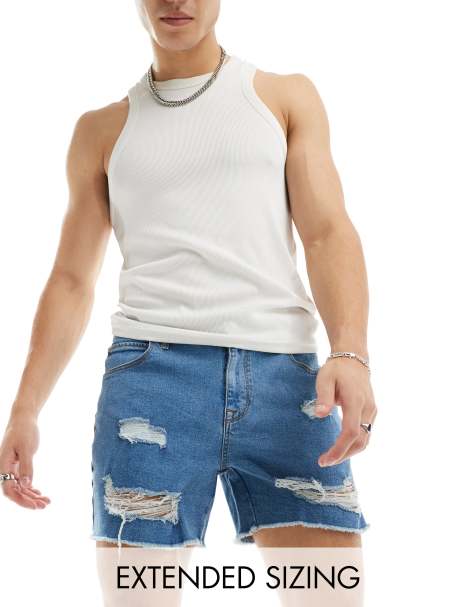 ASOS DESIGN short length denim shorts with rips in mid wash blue - view 1