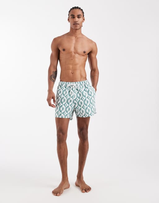 ASOS DESIGN short length geo print swim shorts in sage green, 2 of 5