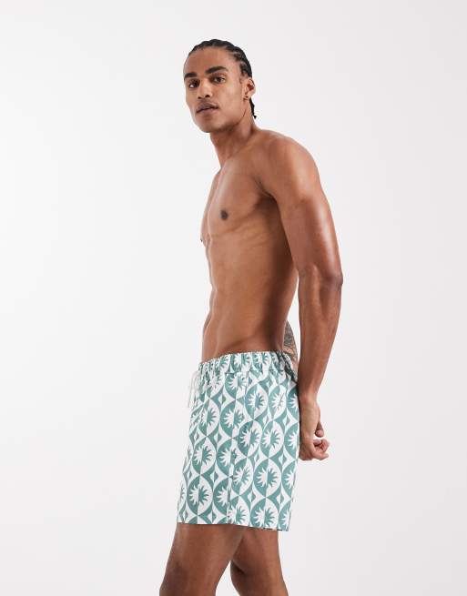 ASOS DESIGN short length geo print swim shorts in sage green, 3 of 5