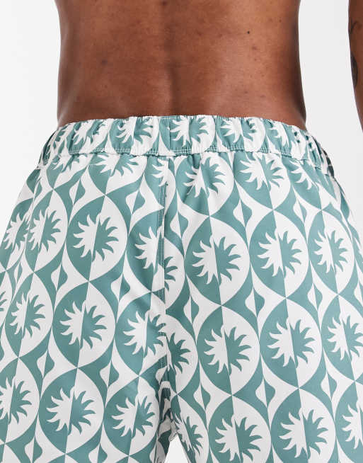 ASOS DESIGN short length geo print swim shorts in sage green, 5 of 5