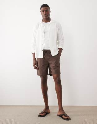 Asos Design Short Length Linen Blend Shorts In Brown
