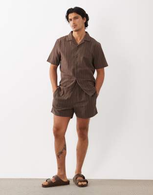 Asos Design Short Length Linen Look Striped Shorts In Brown