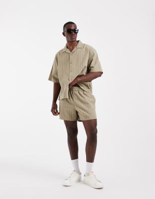 Asos Design Short Length Linen Look Striped Shorts In Neutral