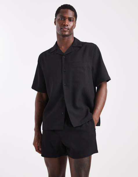 ASOS DESIGN short length linen-look swim shorts in black (Part of a set) - view 1
