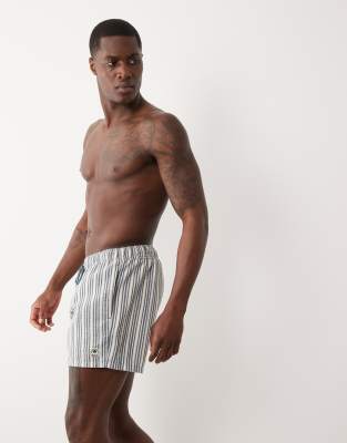 Asos Design Short Length Seersucker Striped Swim Shorts With Badge In Multi