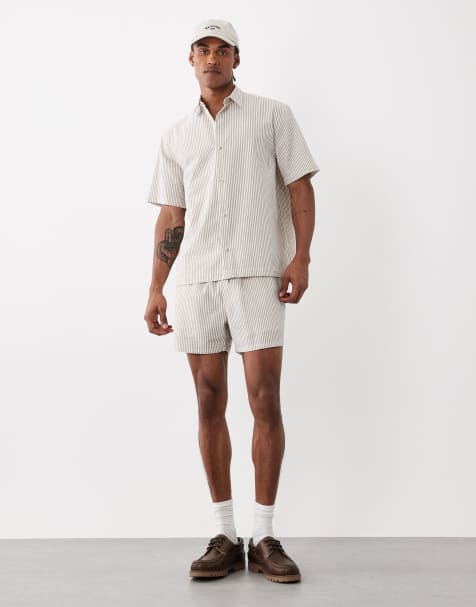 ASOS DESIGN short length seersucker swim shorts in brown stripes - part of a set - view 1